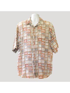 Silk Society Shirt Mens XL Brown Shirt Vintage Airplane Print Short Sleeve Linen